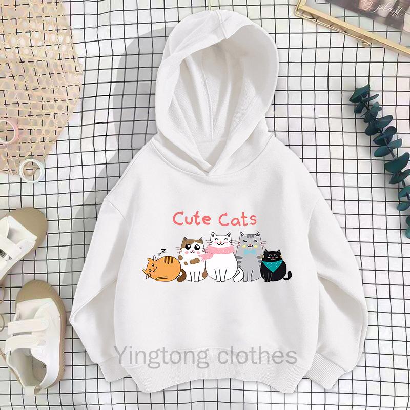 New Unisex Hoodie with Cat Print Long Sleeved Korean Version Children's Top and Stylish Pullover for Children's Clothing