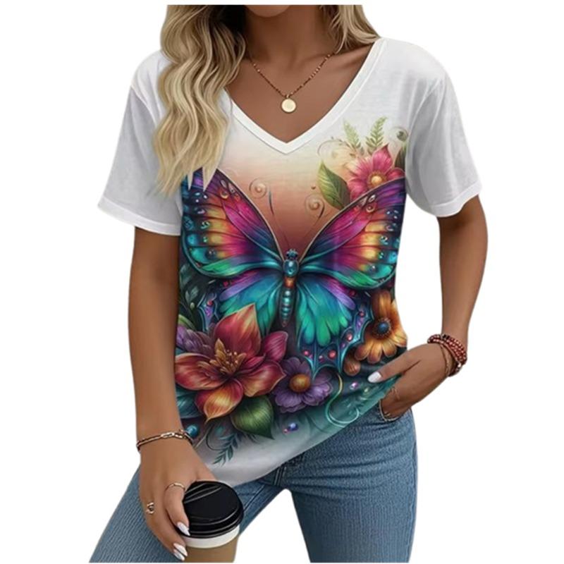 Casual V-Neck Women's T-shirt Summer Outdoor Fashion Short Sleeve Tops Floral Print Butterfly Pattern Plus Size Women's Clothing