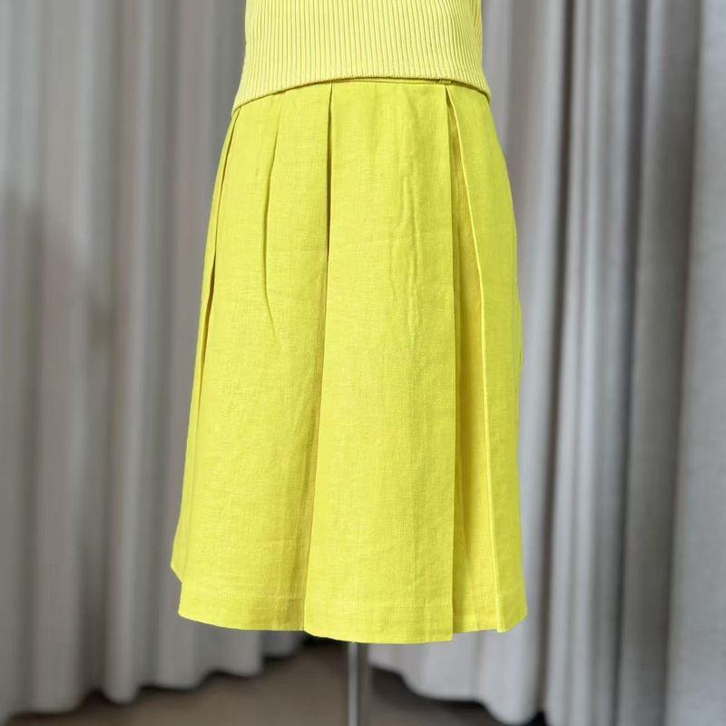 

100% Linen Pleat Mid-Length Skirt Lemon yellow 44