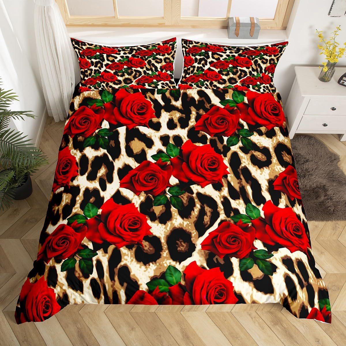 

Leopard Comforter Cover King Red Rose Romantic Bedding Sets Wild Animals Cheetah Print Duvet Covers Set For Couple Men Women EU Single(135*200cm)3pcs