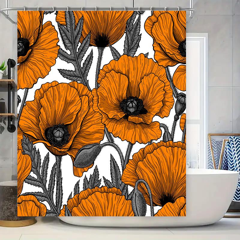 

Bright Floral Shower Curtain Decor, Poppy Garden Printed Bathroom Liner Set In Orange Black 3D Waterproof Fabric For Home Decora W60H190(CM)-1 Pcs