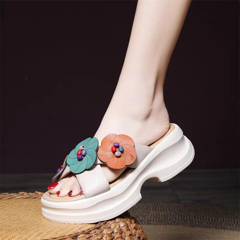 Fashion Summer New Slippers Women Fashion Round Head Beaded Cross with Flowers Waterproof Table Anti-slip Wear-resistant Sandals