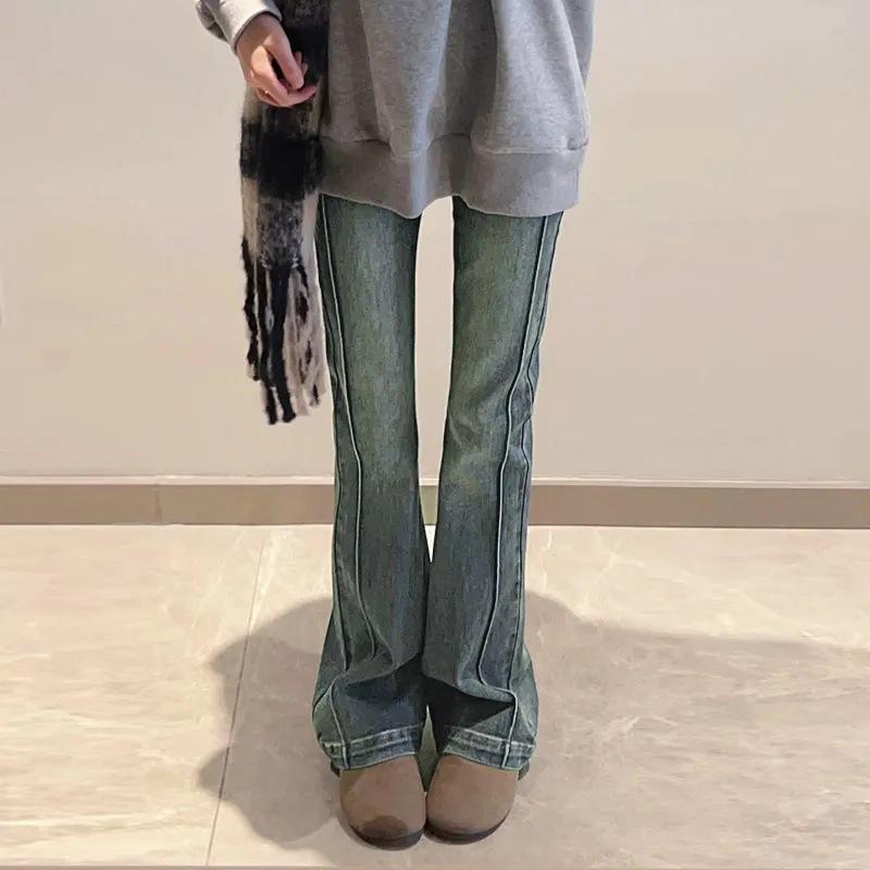 

Женские джинсы клеш с высокой посадкой и эластичным поясом больших размеров - Ретро крой для фигуры груша L