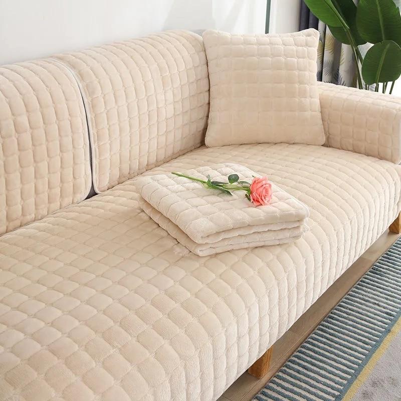 Velvet Sofa Cover Universal Plaid Plush Non-Slip Thickened Living Room Sofa Cover Warm Flannel Sofa Cushion Armrest Back Towel