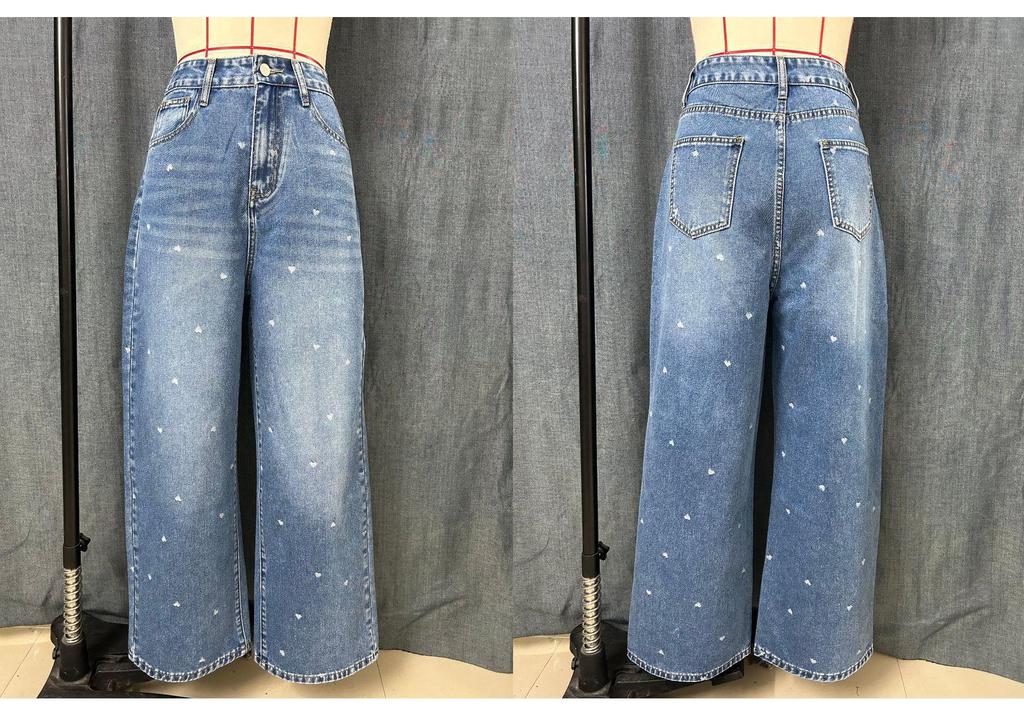 2026 Women's High Waist Heart Jacquard Denim Wide Leg Pants - Slimming, Versatile, and Stylish European & American Design