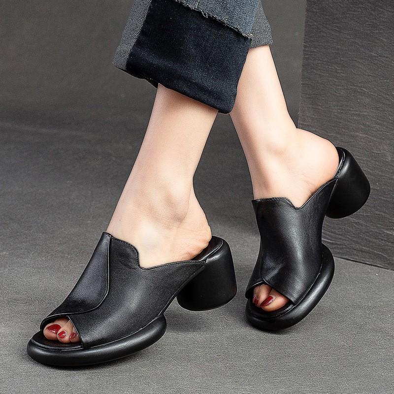 Johnature Peep Toe Slippers Μονόχρωμα Vintage Γνήσιο Δέρμα Ψηλοτάκουνα Άνετα Απλά Γυναικεία Παπούτσια