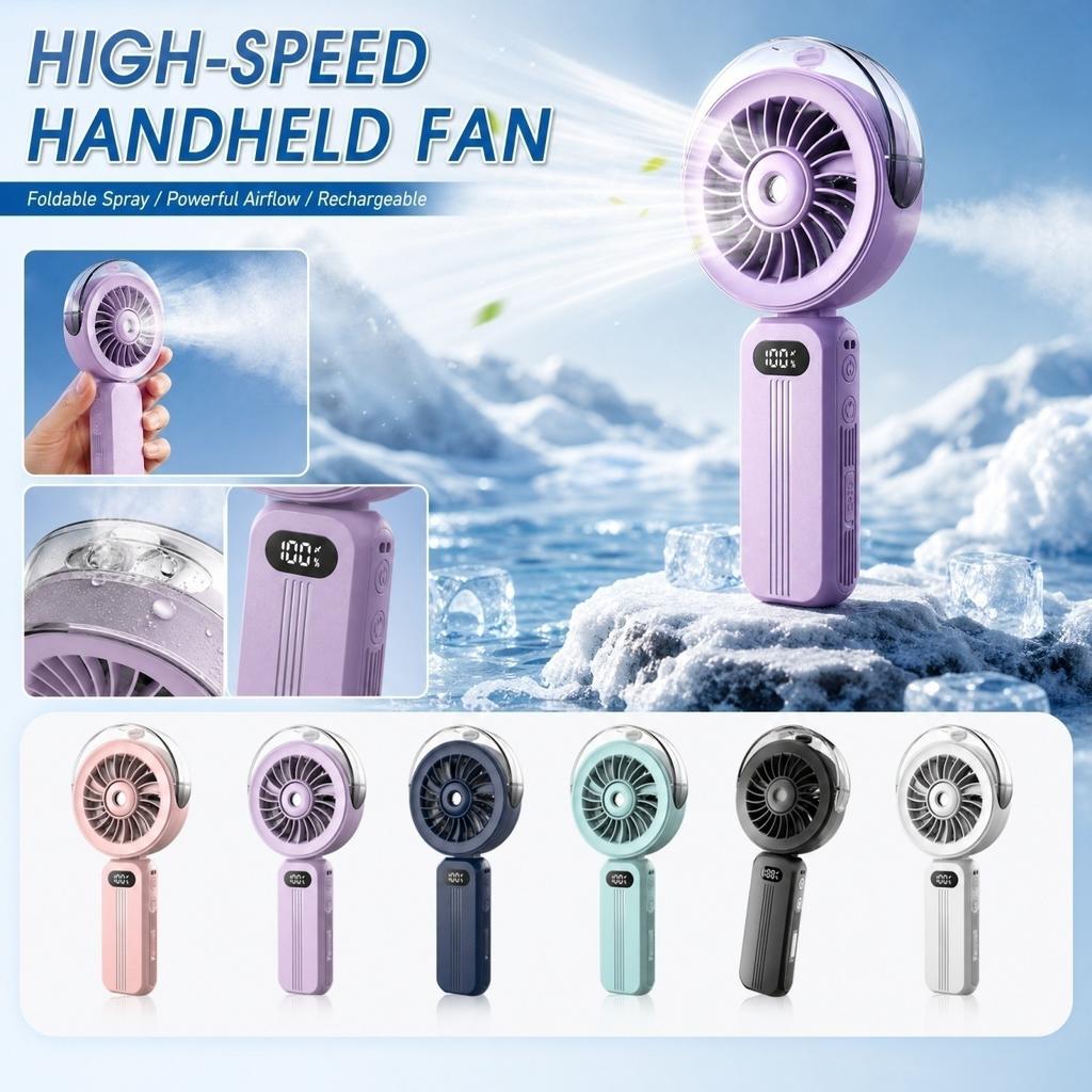 Portable Handheld Fan with Spray Foldable Rechargeable Brushless Motor High Capacity Battery Strong Airflow for Outdoor Travel