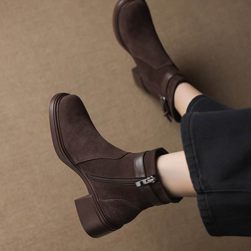 Krazing Pot Cow Suede Nubuck Round Toe Thick Heels Chelsea Boots Size 42 Zipper Women Keep Warm Ankle Boots