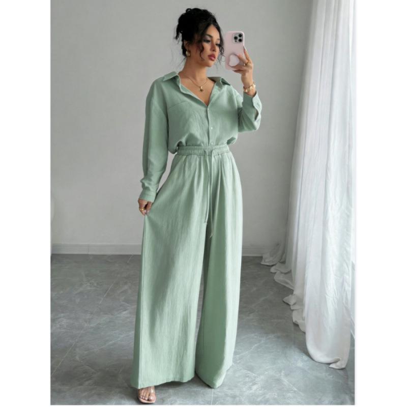 Spring Fashion Plus-Size Women's Two-Piece Set: Linen-Style Shirt & High-Waisted Loose Pants