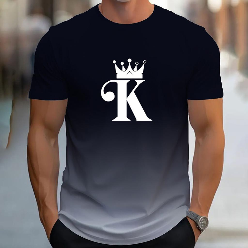 Summer Outdoor Men's Gradient Color Letter K Pattern Printed T-shirt Casual Short Sleeved Round Neck T-shirt