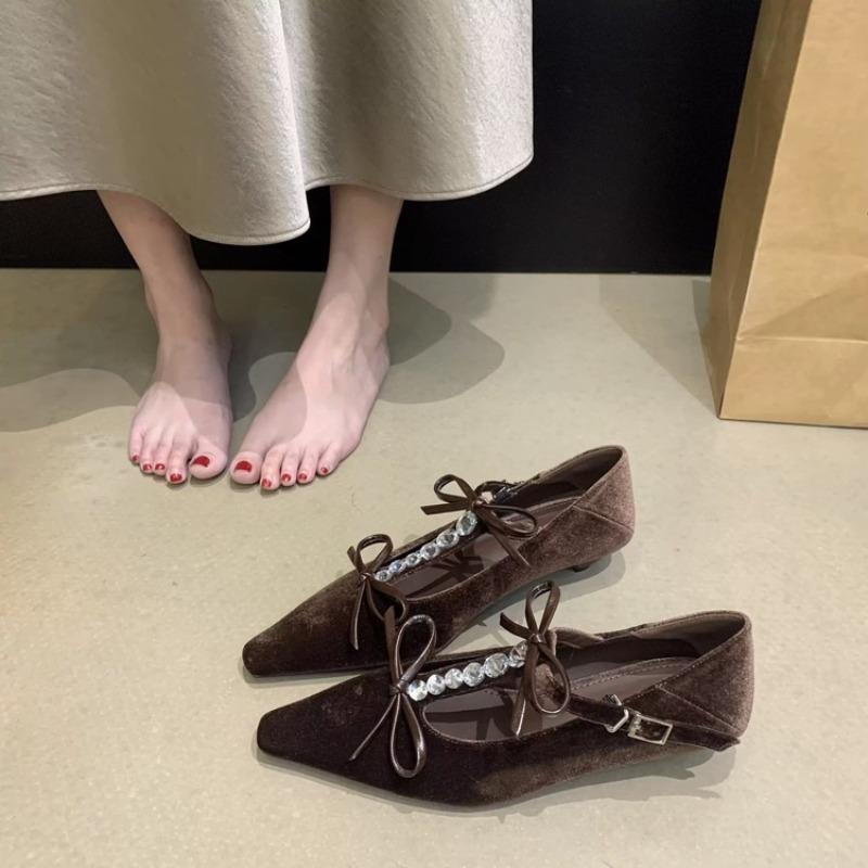 

Spring Suede Inside Heightened Bow Rhinestone T-Buckle Pointed Toe Mary Jane Shoes Women s Shoes 40 кавовий