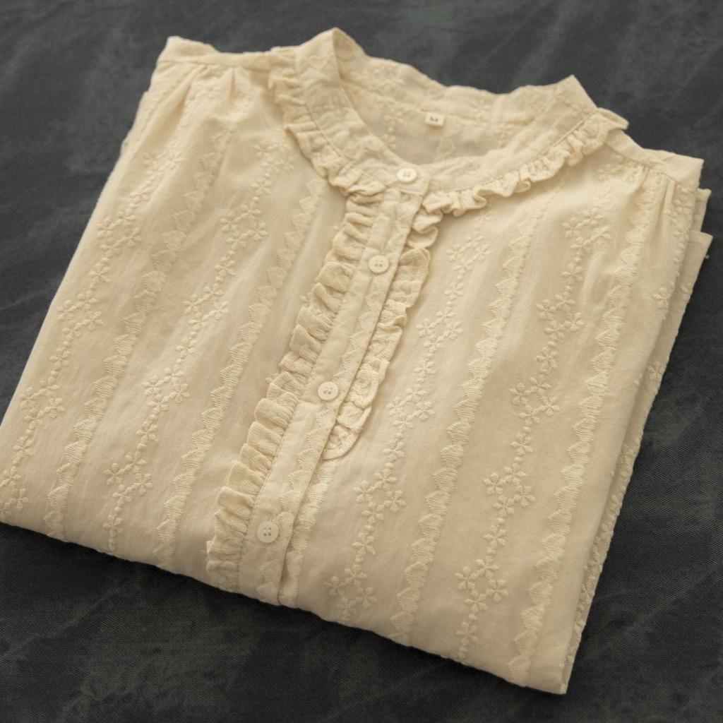 Korean Style Retro Evening Tea Embroidered Cotton Women's Shirt