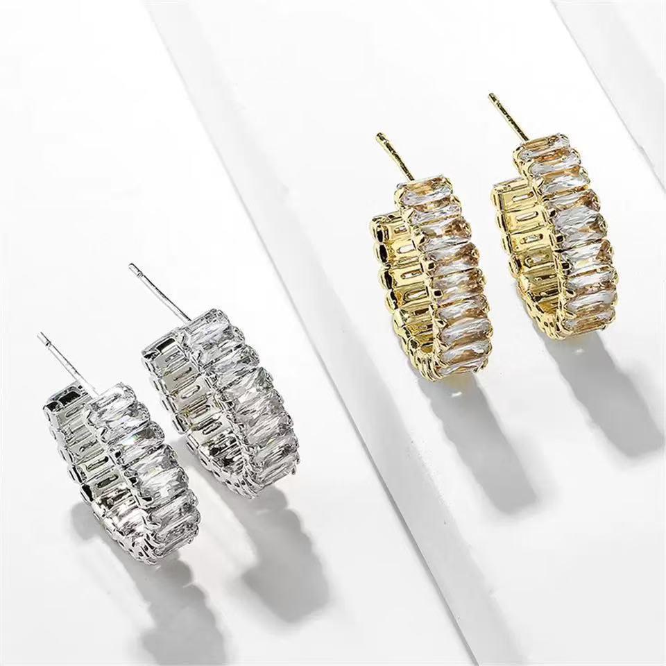 2025 Classic Versatile Geometric Zirconia C-Shape Earrings - Elegant European & American Style for Everyday Wear