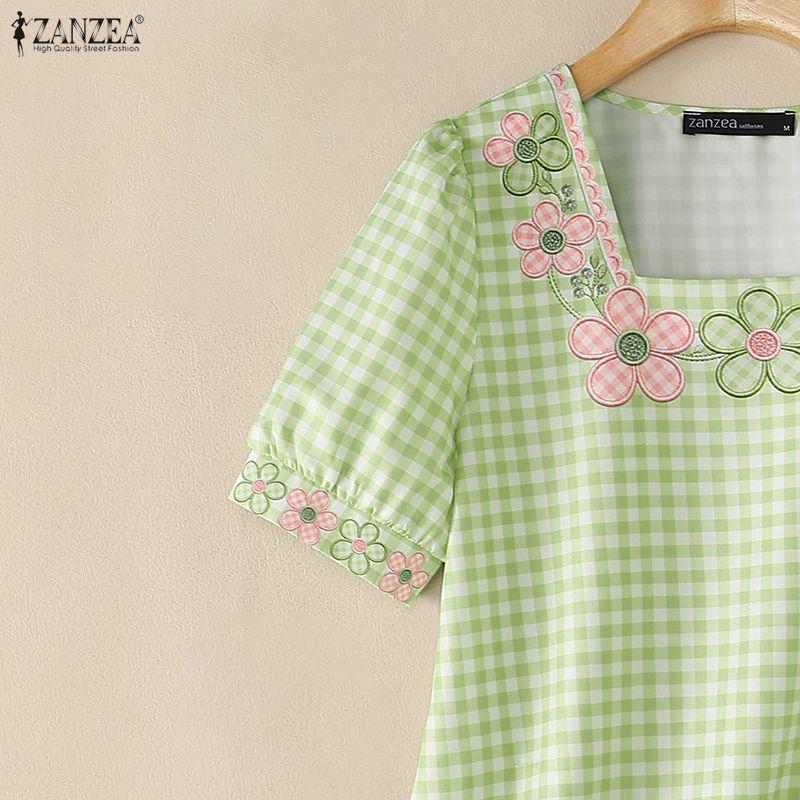 ZANZEA Women Casual Square Collar Loose Summer Short Sleeve Plaid Print Blouse