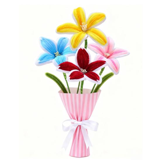 Finished Pipe Cleaner Flower Handmade Long Stem Lily Flower Craft Preserved Fake Flowers Gift for Anniversary Birthday Mother's Day
