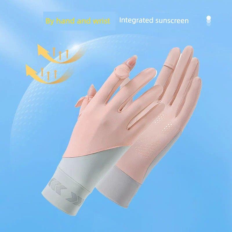 

Gloves Thin Women Summer Sun Protection Outdoor Riding Anti-Slip Flip Touch Screen Sun Protection UV Protection Gloves [Ice Silk Arrow] Powder + Ash All yards