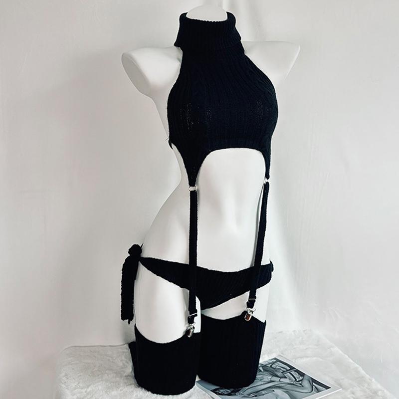 Erotic Sexy Anime Cat Girl Gray Turtleneck Sweater Uniform Outfit Cosplay Women Backless Knit Clothes Garter Stocking Costume