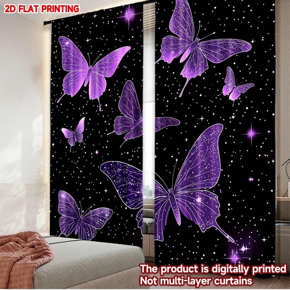 2D flat printing 2pcs Window Treatment Curtains Butterflies in Starry Night Digital Printed Polyester Drapes All Season Party &
