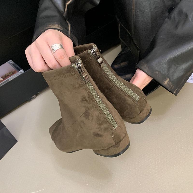 Fashion Fashion Flock Women Ankle Boots Flats Shoes Female Square Toe Ladies Flats Short Boots Shoes With Zippers Footwear