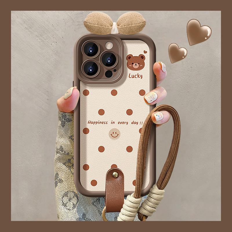 Polka Dot Bear Bow Lanyard Suitable for Apple 16 Lambskin Mobile Phone Case 15PRO Matte Silicone 14 Anti-fall X