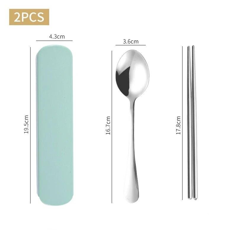 1 set de uz casnic din oțel inoxidabil portabil, bețișoare, linguri, furculițe, set de două/trei piese cu cutie