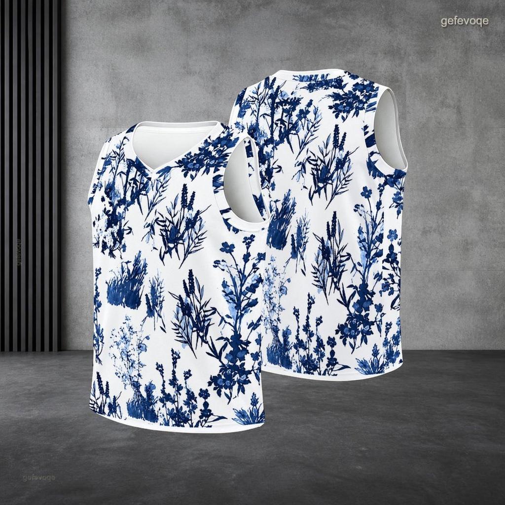Men s Plus Size V Neck Sleeveless Tank Top Black Blue Floral Printed