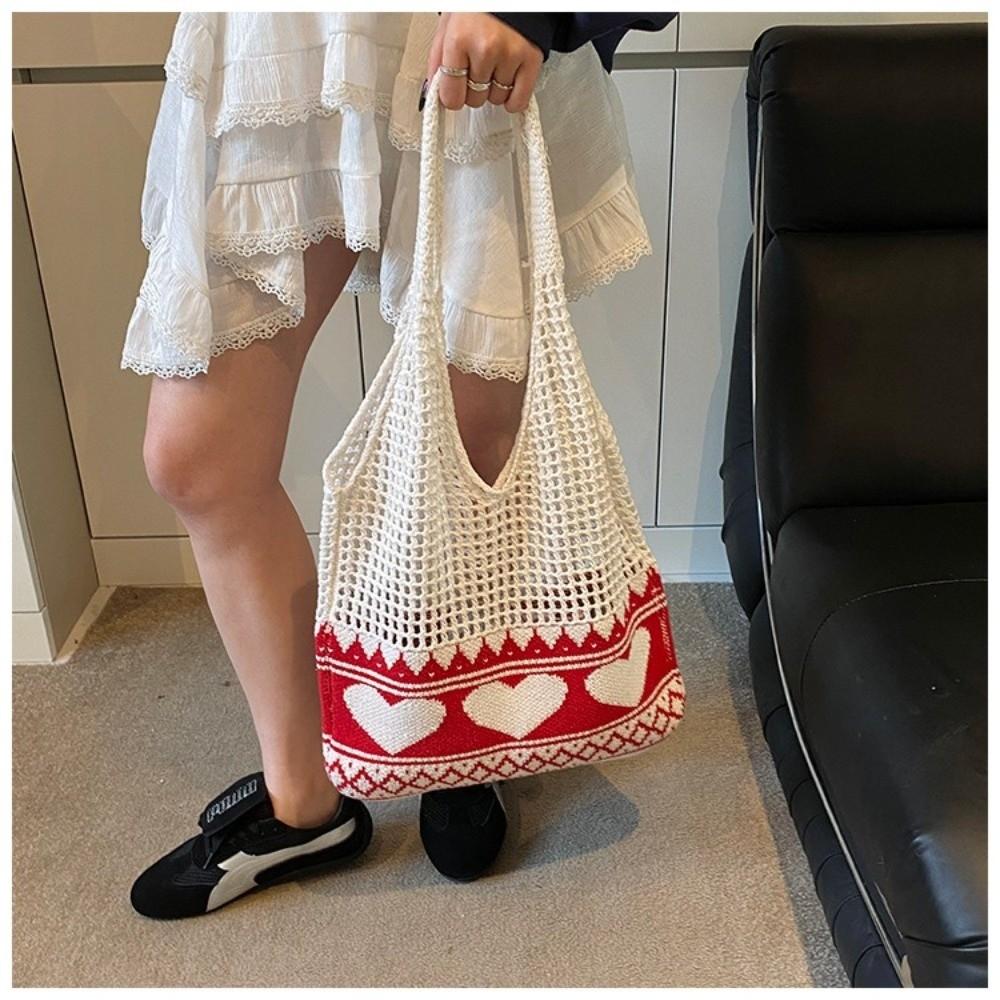 New Korean Style Shoulder Bags Knitted Material Cute Heart Pattern Beach Hangbag Large Capacity Shopping Bags Casual Outing