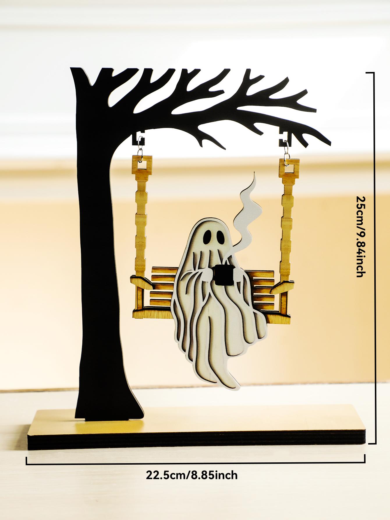 

Halloween Ghost on Swing Wooden Tabletop Decor, Cute Ghost with Coffee Cup Under Tree Design, Home & Party Desktop Ornament Gift