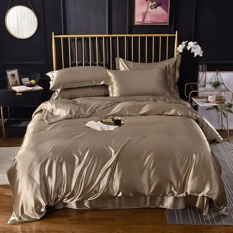 Hochwertiges Fleckenschutz-Bettwäsche-Set Doppelbett Imitation Seide Luxus-Bettwäsche-Set Queen Bequeme Seidige Deckenhülle Bettdeckenbezug-Set