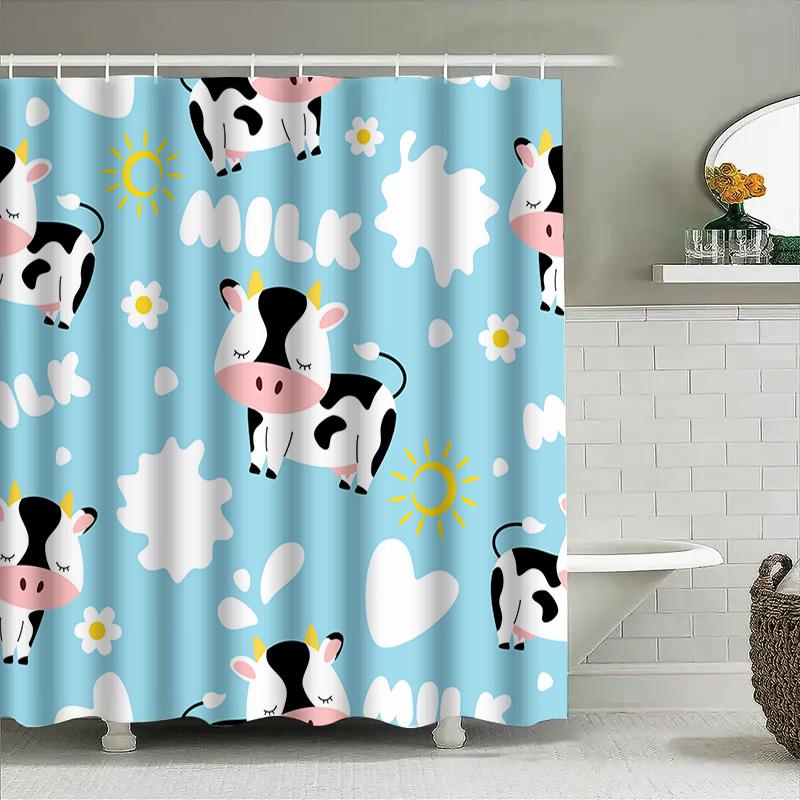 Animal Print Shower Curtain Blue Cow Milk Sunflower White Flower Pet Bath Decor Waterproof Fabric Home Decoration Modern Bathroo
