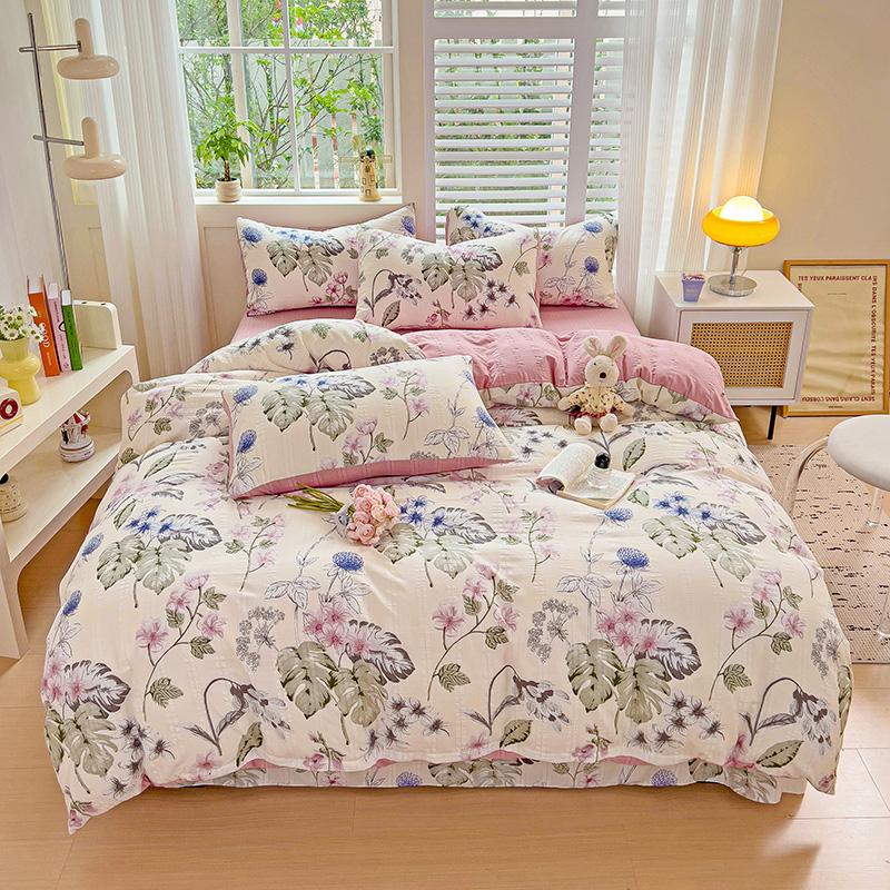 Flowers Bedding Set with Pillowcase Bed Sheet Single Full Size Bed Linen Washed Cotton Duvet Cover Set Queen/King Double Size