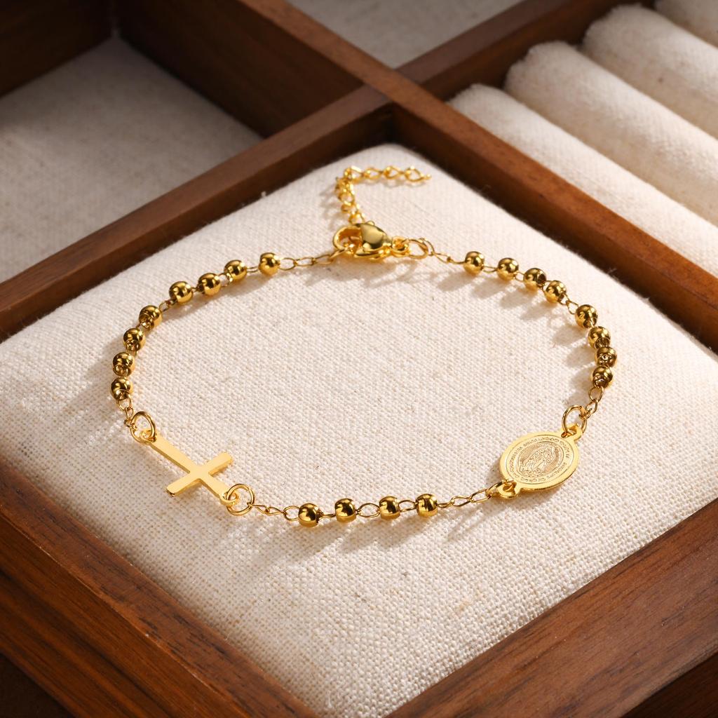 Muslim Stainless Steel Bracelets Cross Beaded Three-color Round Bead Our Lady Bracelet for Women Girls Islam Jewelry Gifts