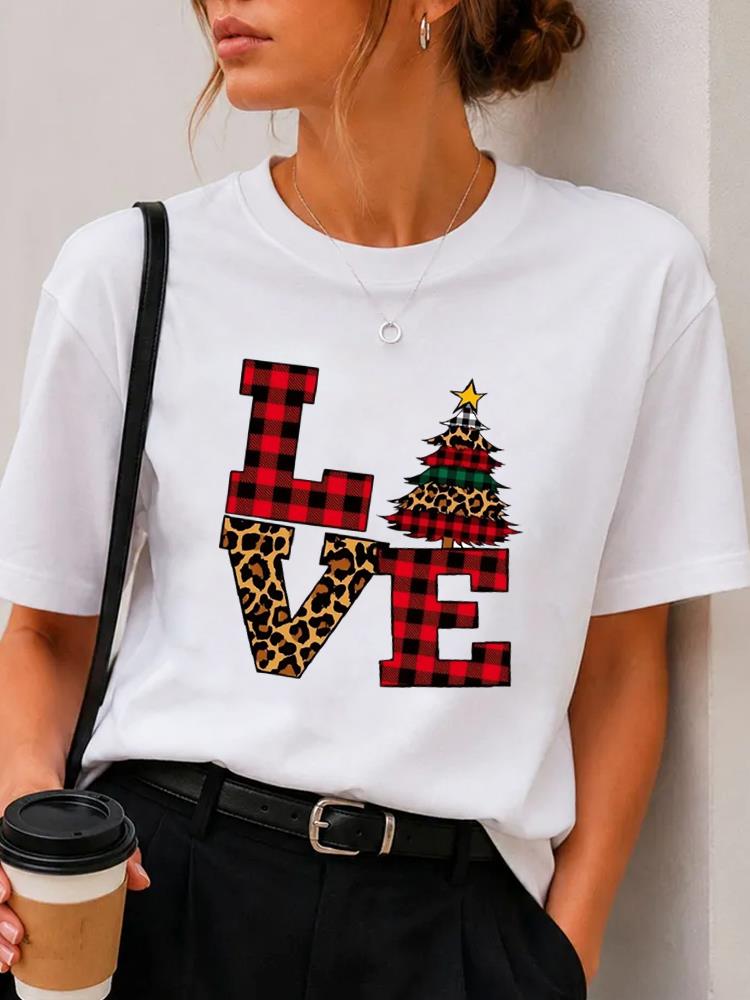 (Asian Size) plaid letter Merry Christmas Fashion Short Sleeve T-shirts Women's Top O-neck T Shirt Print Casual New Year Clothing Graphic Tee