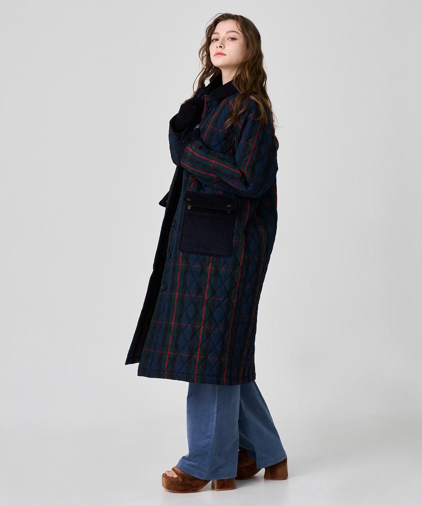 Bonidee Quilted Raglan Long Coat (Check Navy)