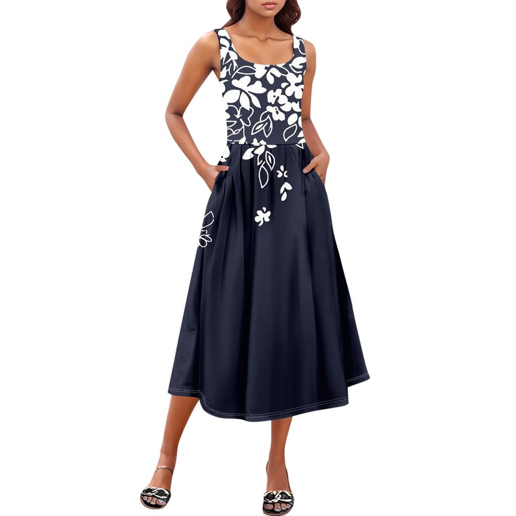 Women's  Summer Spring Casual Floral Sundress Sleeveless Beach Vacation Flowy Boho Tank Midi Dresses