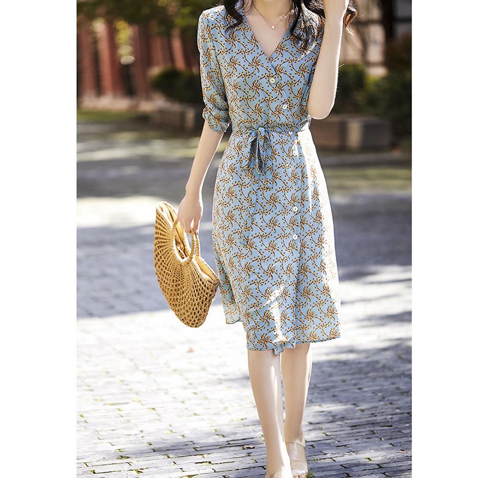 High-End Floral Mulberry Silk Mid-Length Dress