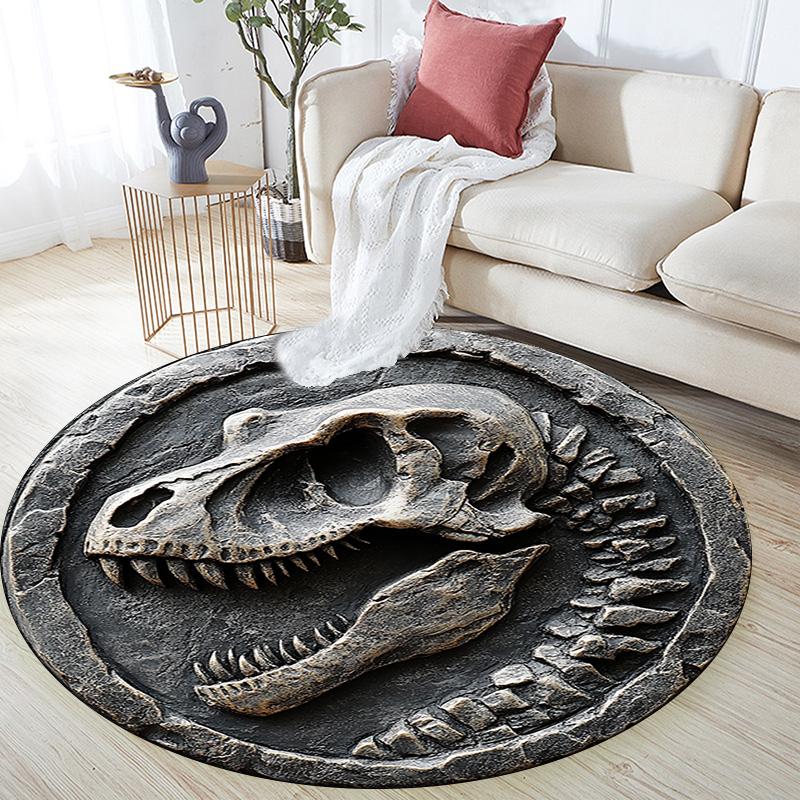 Dinosaur Skull Round Area Rug,Carpet Rug for Living Room Bedroom Sofa Playroom Decor,Non-slip Floor Mat