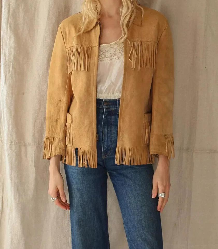 Motorcycle Fringed Lambskin Jacket Genuine Leather Suede Handmade Women Brown