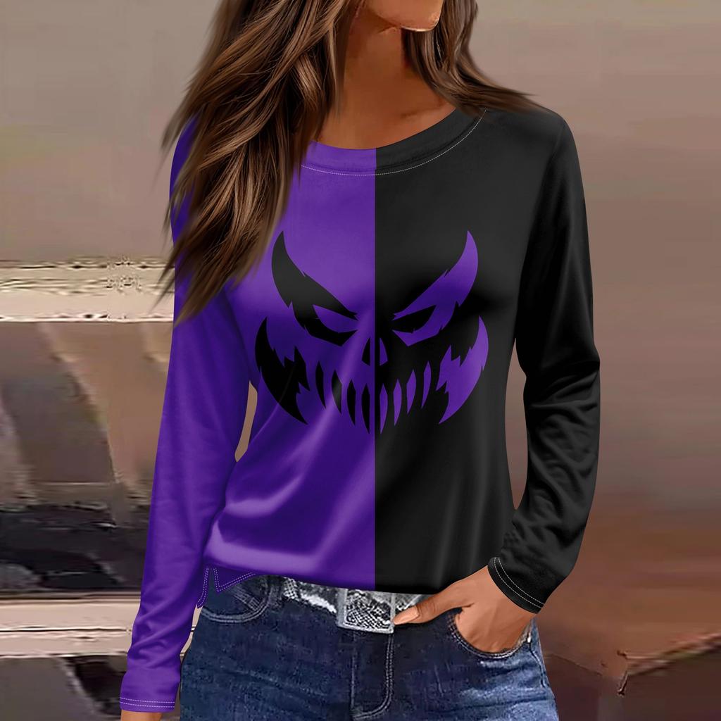Women's Halloween Print Long Sleeve Round Neck Casual Top with Side Slit