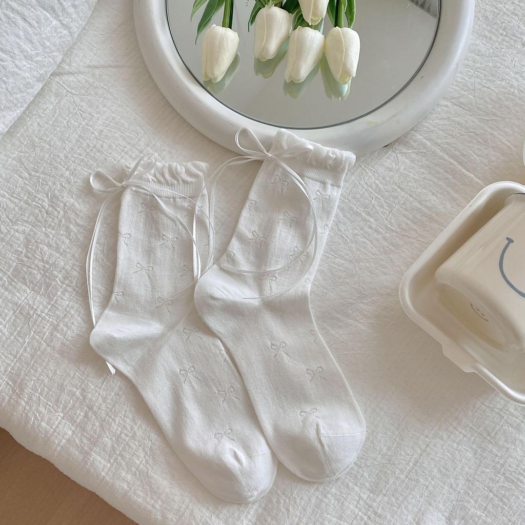 Boneless Anti-Pilling Ribbon Fluttering Thin Mesh Breathable Stack Socks For Girls Cute Girl Bow Socks