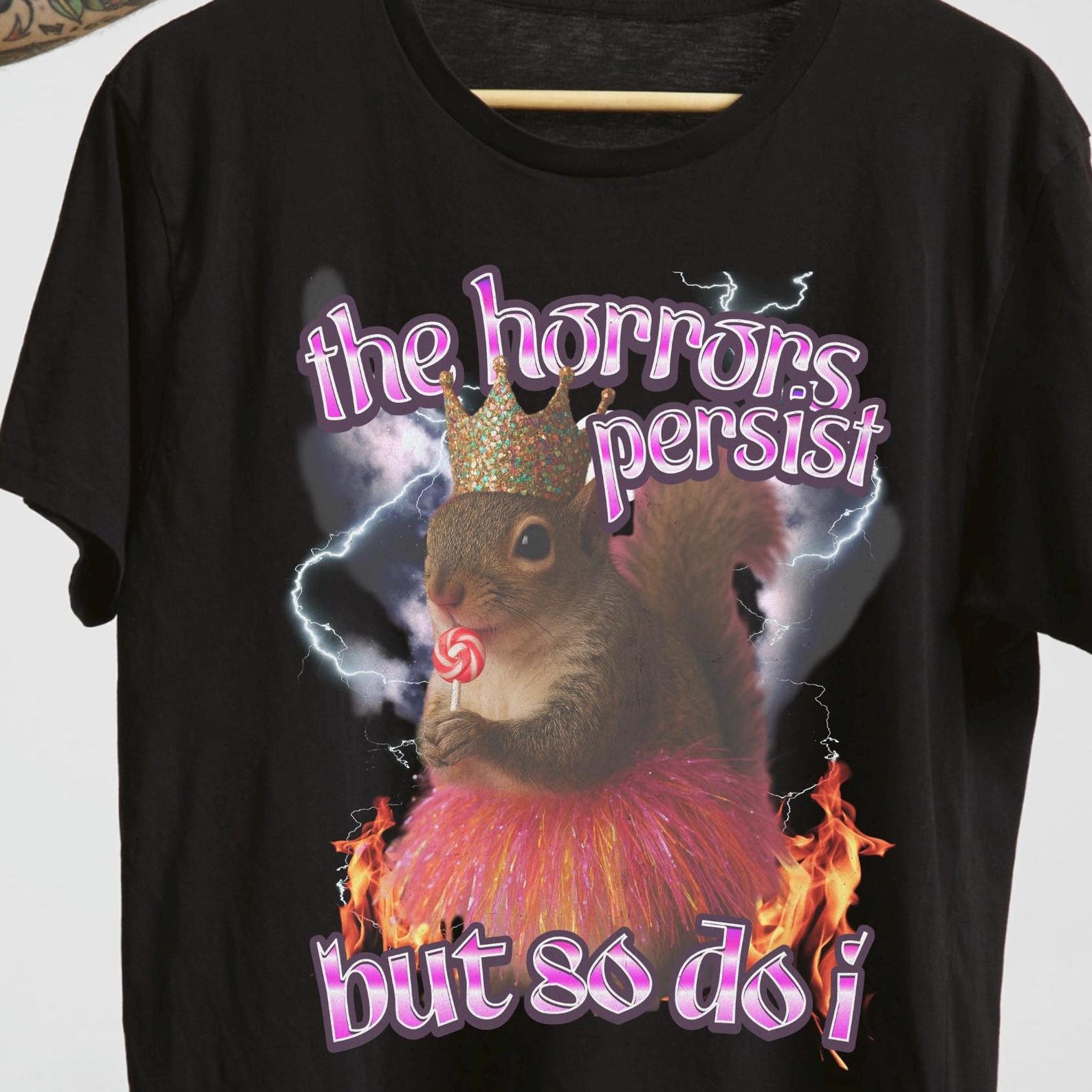 Funny Squirrel Meme T-Shirt – The Horrors Persist But So Do I 3XL