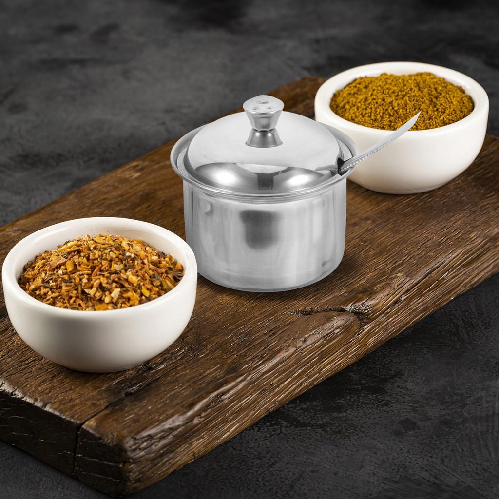 Stainless Steel Sugar Bowl with Lid Spoon Airtight Condiment Dispenser for Salt Pepper Spices Coffee Creamer Kitchen Food