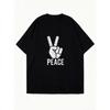Vestito T-shirt Oversize Nero Segno della Pace Stampa a Mano e Grafica Testuale Streetwear Casual da Donna