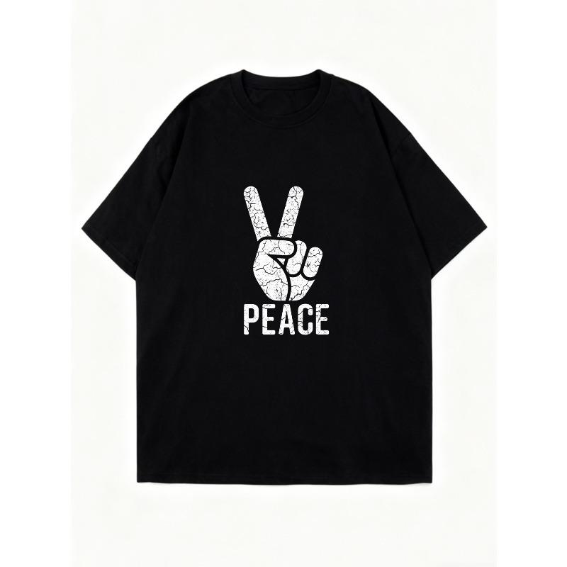 Vestito T-shirt Oversize Nero Segno della Pace Stampa a Mano e Grafica Testuale Streetwear Casual da Donna