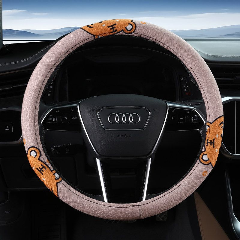 Car Steering Wheel Cover D-Shaped Handlebar Cover Summer Breathable Non-Slip Sweat-Absorbent Linen All-Season Universal Cartoon Cute for Women