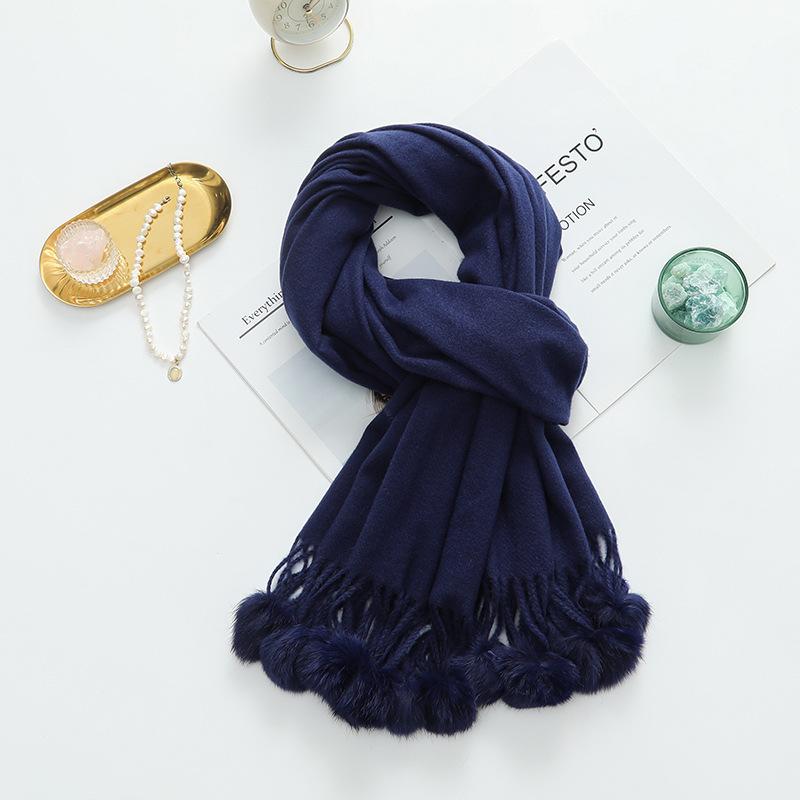 Girls Cute Imitation Cashmere Scarf Women's Winter Warm Solid Color Big Rabbit Fur Ball New Scarf Shawl
