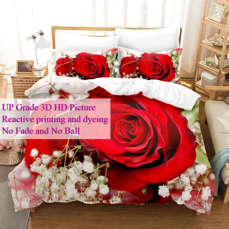 Comforter Red Roses Queen Size King Full 3D Bedding Sets Flower Quilt Linens Single Double Bed