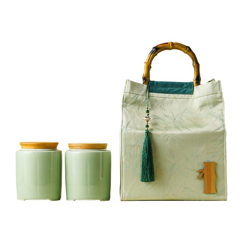 Creative Green Tea Ceramic Canister with Fresh Cloth Bag for Longjing, Maojian, Biluochun, Gyokuro - Empty Gift Packaging Box.