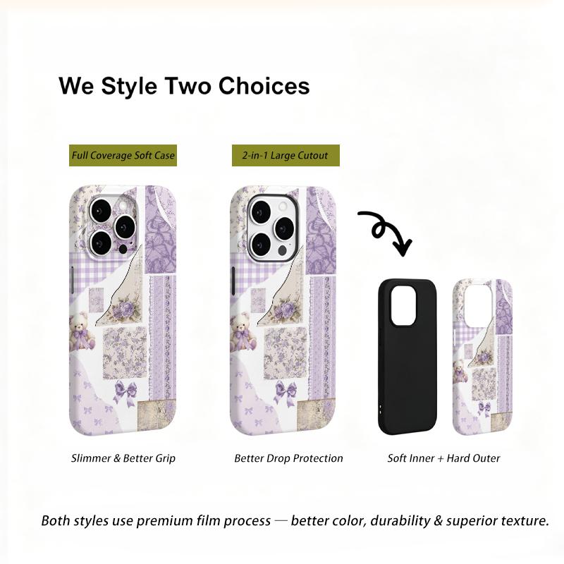 Charming Scrapbook Collage Lavender Floral Teddy Bear Ribbon Film Aesthetic Protective Shockproof Bumper Case Cover For iPhone 14 15 16 Pro Max Plus