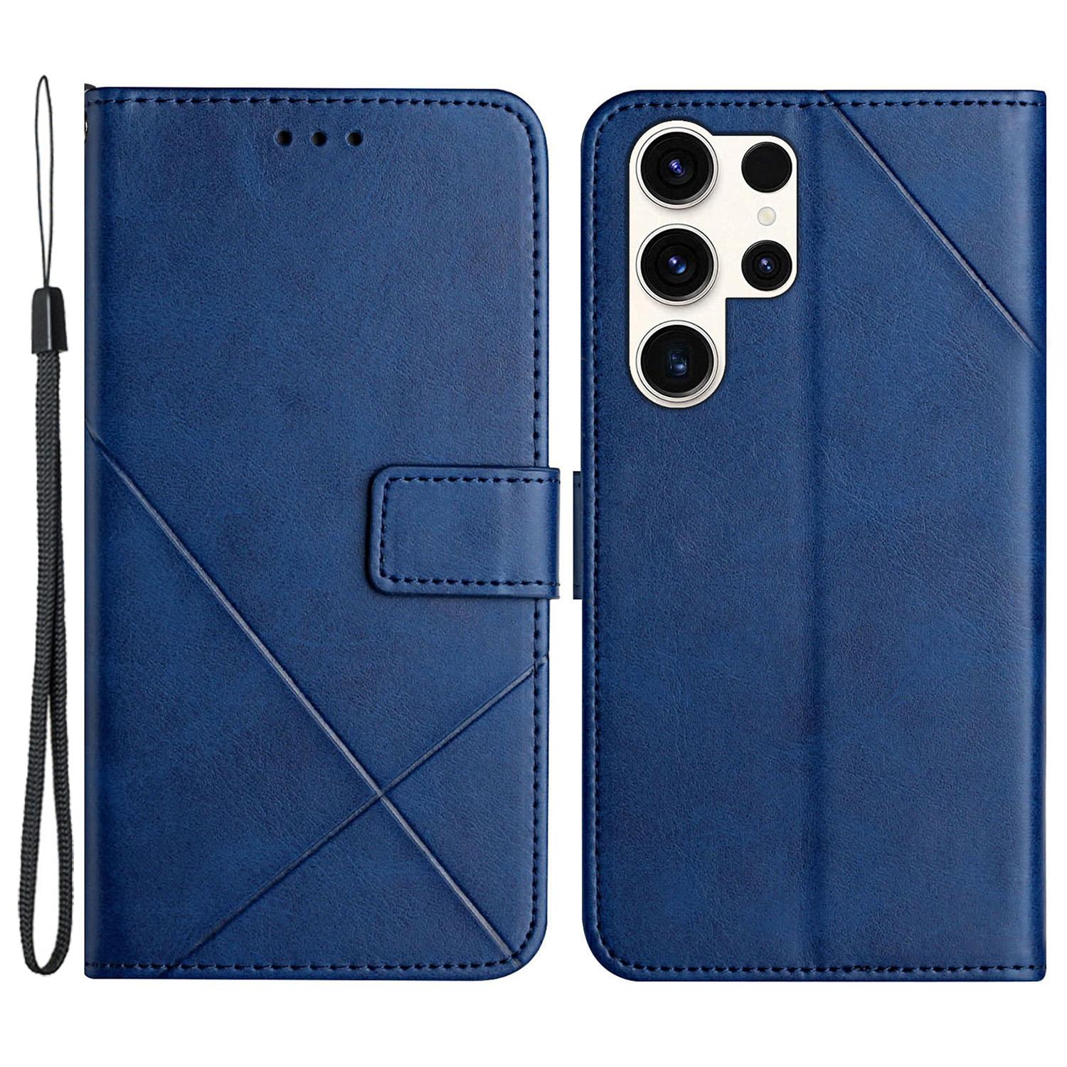 

For Samsung Galaxy S24 Ultra Case Solid Color PU Leather Stand Wallet Phone Cover with Wrist Strap Blue